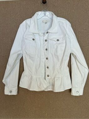 White denim jean jacket with ruffle hem detail